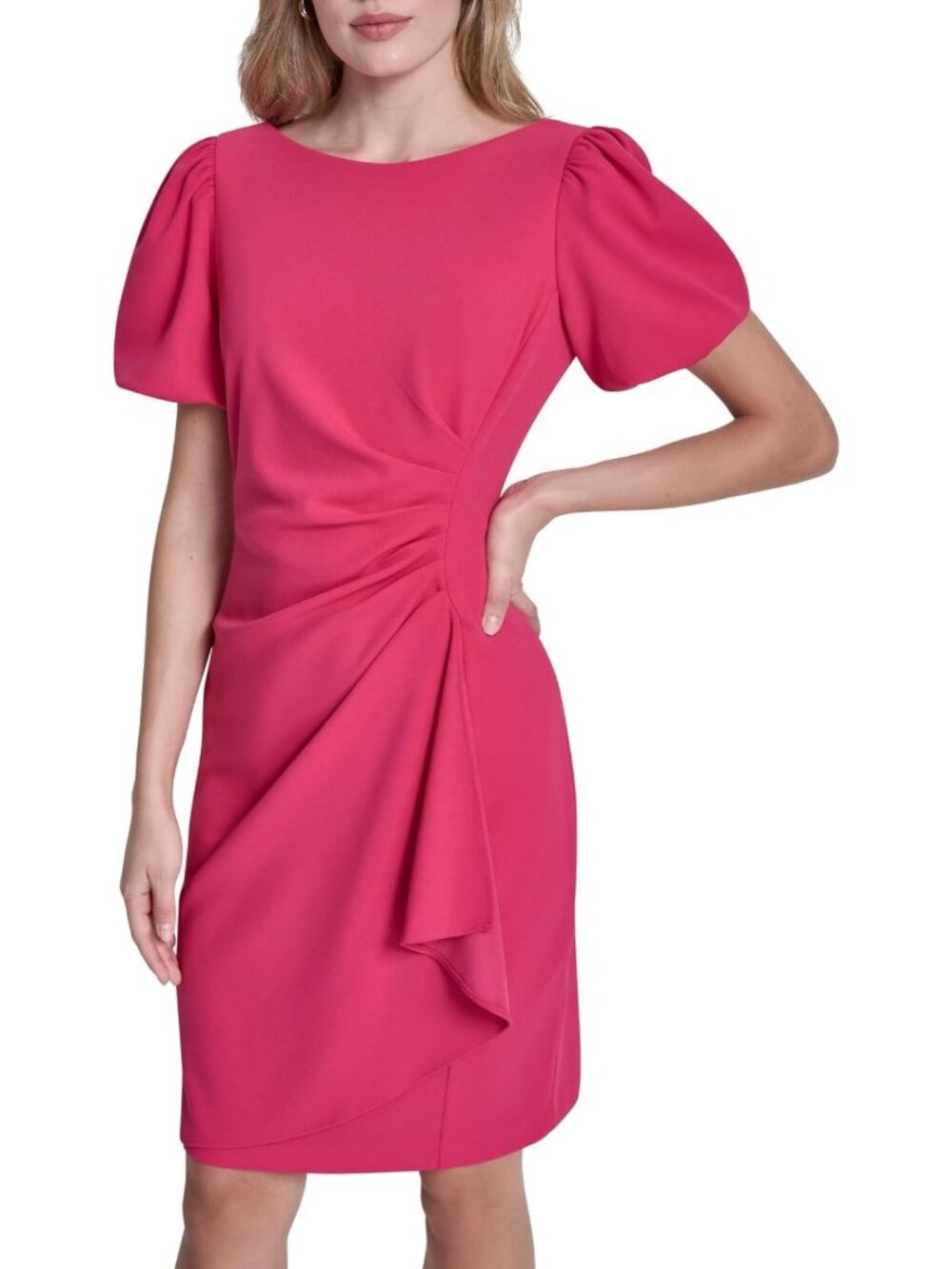 Chic Women's Short Sleeve Boat Neck Dress with Side Ruching - Perfect for Any